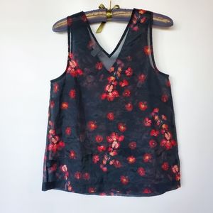 a new day Sheer Sleeveless Top, Black & Red Floral Design (XS)